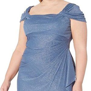 Alex Evenings Women's Long Glitter Mesh Cold Shoulder Dress Plus NWT Blue